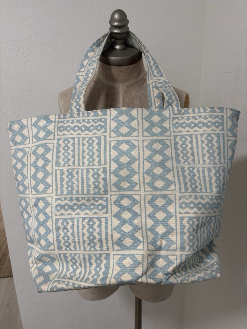 Quadrille Fabric Tote Bag In Blue & Cream Linen Batik